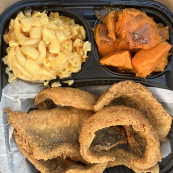 Mac and cheese, candied yams and golden fried fish